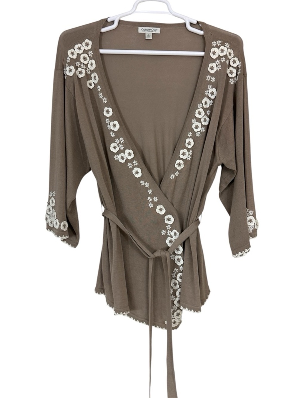Coldwater Creek Taupe Belted Cardigan With Cream Embroidered Crochet Flowers